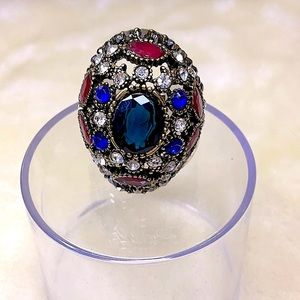 Blue & Red Glass Gemstone Turkish Style Dome Ring